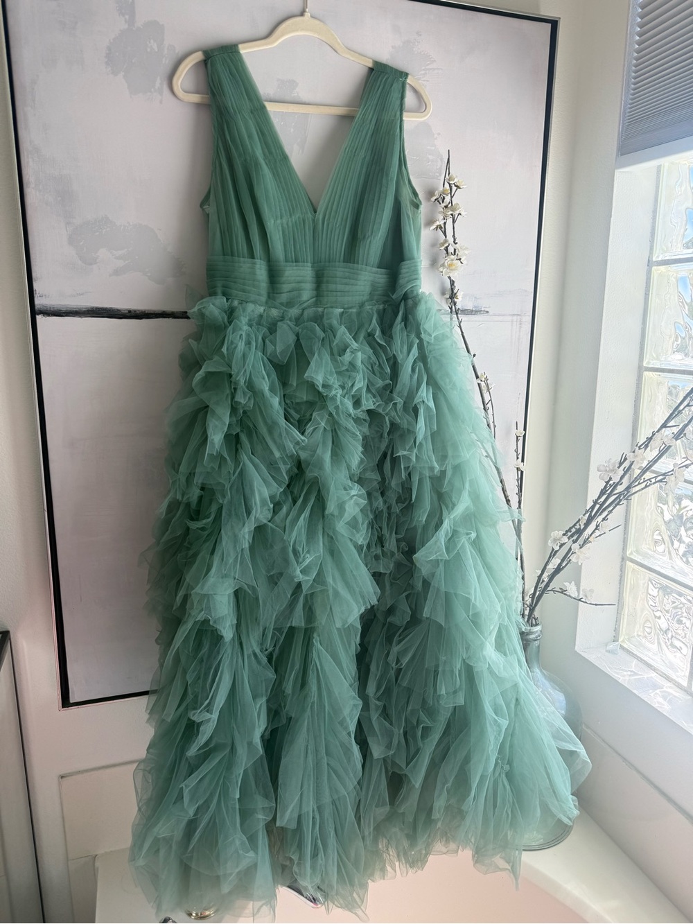 Mac Duggal A-Line Deep V Ruffled Tulle Midi Dress in beautiful sage green  10